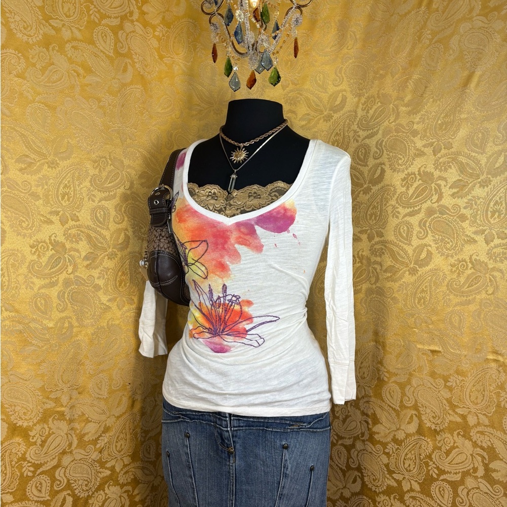 ✨Vintage Y2K Boho American Water Color Beaded Lillies Quarter Sleeve✨